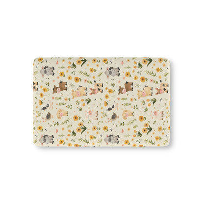 Farmyard Friends fitted crib sheet on a nursery crib mattress
