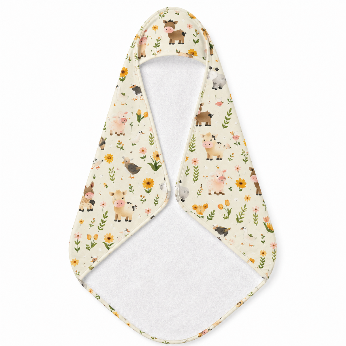 Farmyard Friends hooded baby towel wrapped around a baby