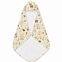 Farmyard Friends hooded baby towel wrapped around a baby