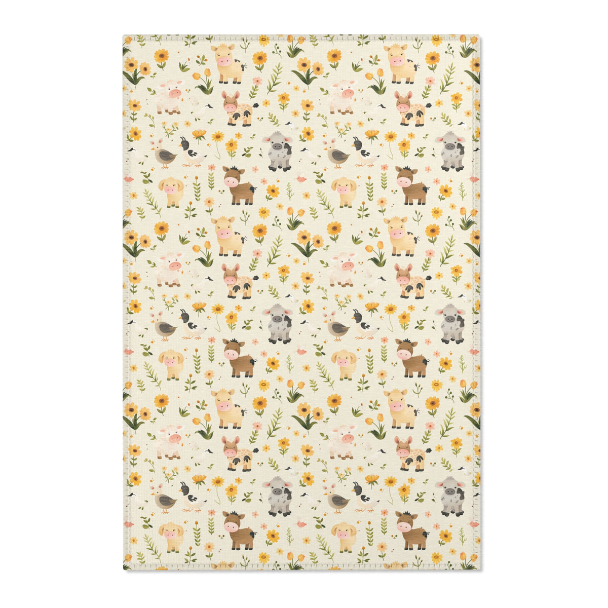 Farmyard Friends nursery area rug in a neutral baby room