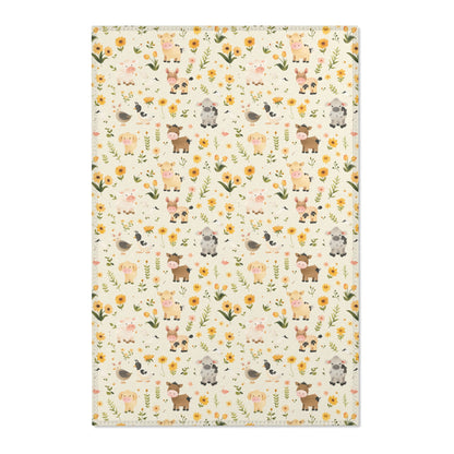 Farmyard Friends nursery area rug in a neutral baby room