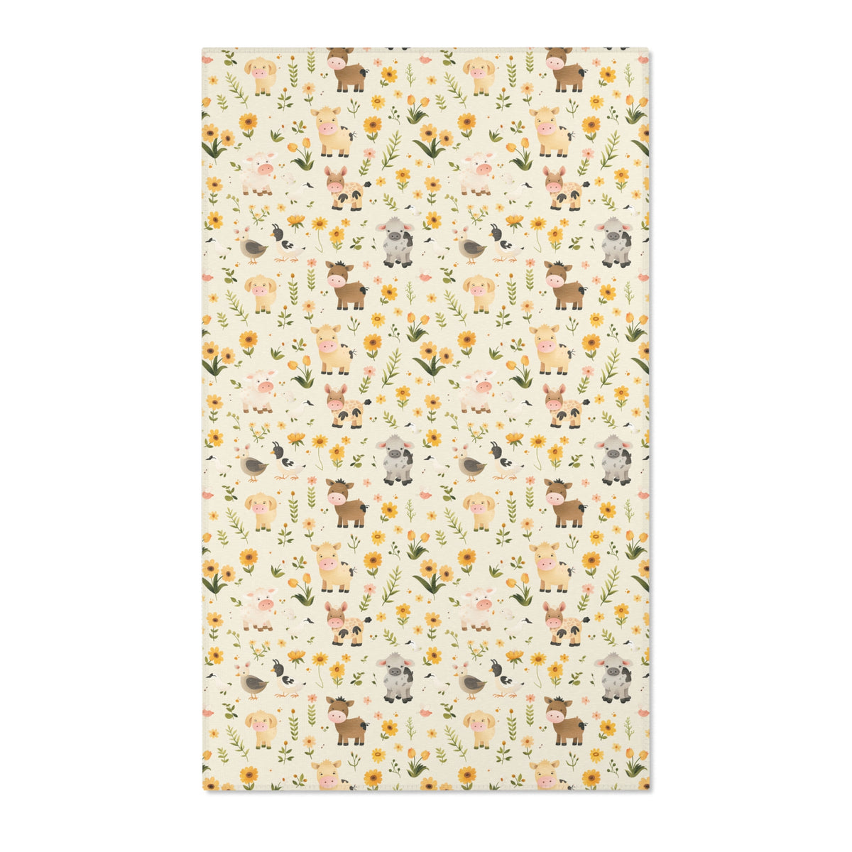 Farm animal nursery area rug with sunflowers on cream