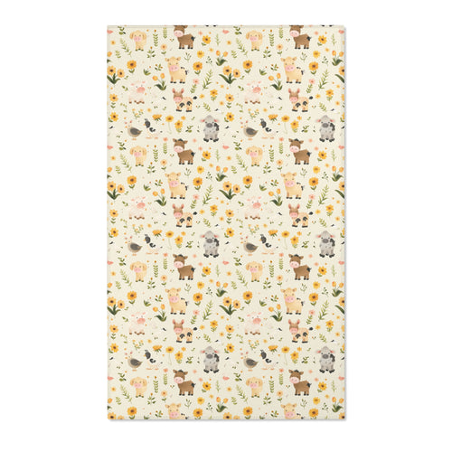 Farm animal nursery area rug with sunflowers on cream