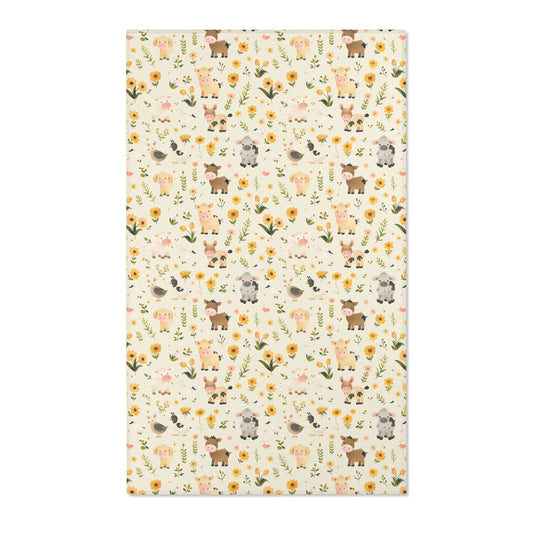 Farm animal nursery area rug with sunflowers on cream
