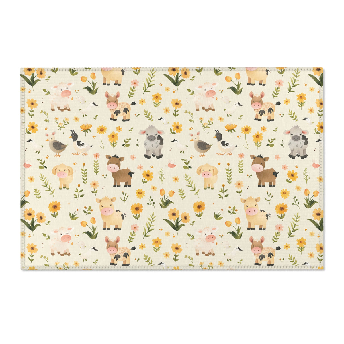 Farmyard Friends area rug with cows, sheep and sunflowers