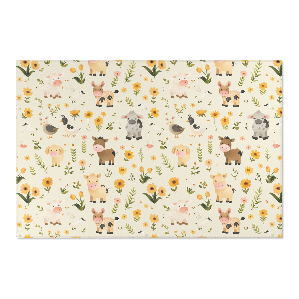 Farmyard Friends nursery rug beside a crib