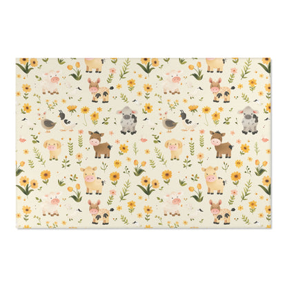 Farmyard Friends nursery rug beside a crib