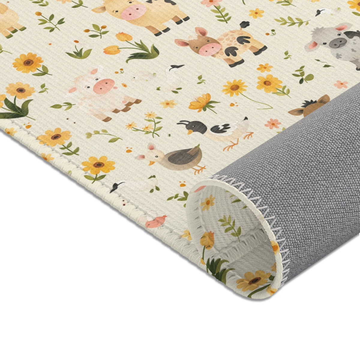 Farmyard Friends rug, farm animals scattered on a cream ground