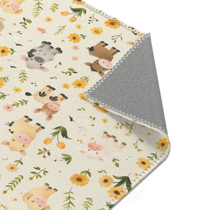 Sunflower and farm animal nursery rug under a crib