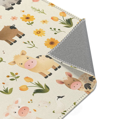 Cream farm animal area rug in a nursery corner