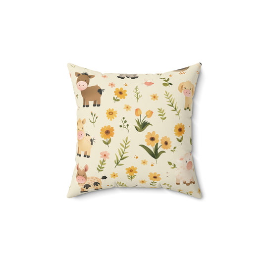 Farmyard Friends decorative nursery pillow on a glider chair