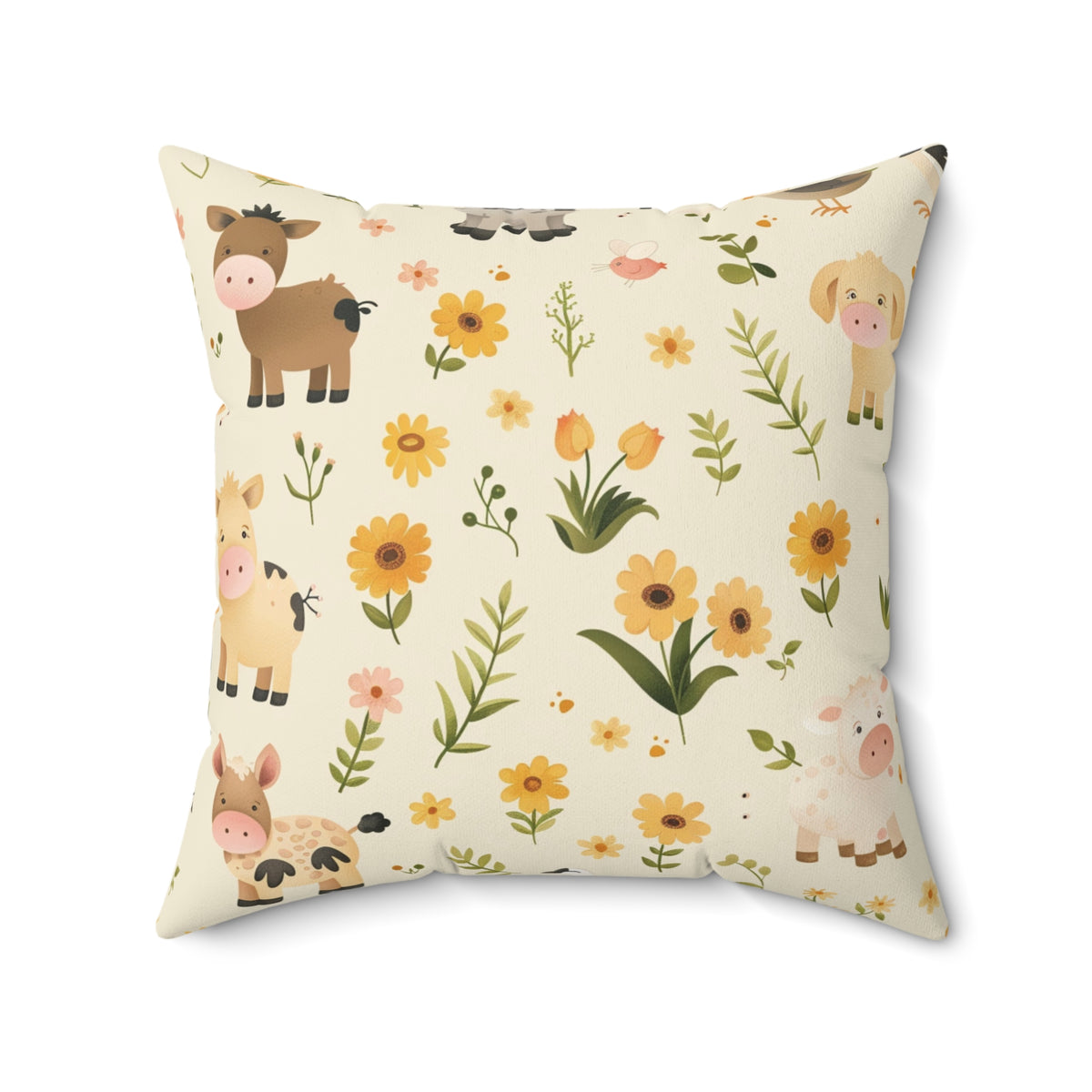 Close detail of the farm animal print on the Farmyard pillow