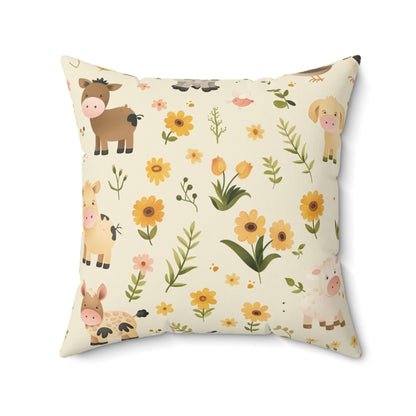 Close detail of the farm animal print on the Farmyard pillow