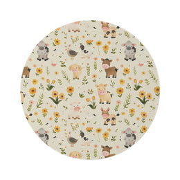 Farmyard Friends round nursery rug on a baby room floor
