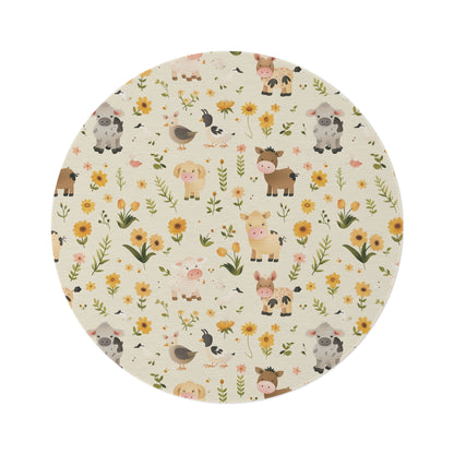 Farmyard Friends round nursery rug on a baby room floor