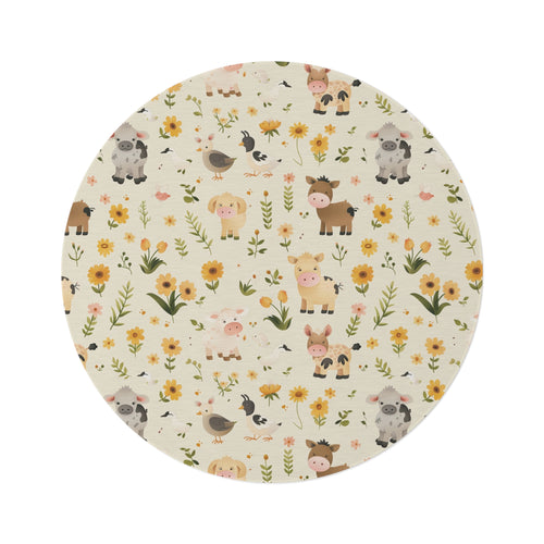 Farmyard Friends round nursery rug on a baby room floor