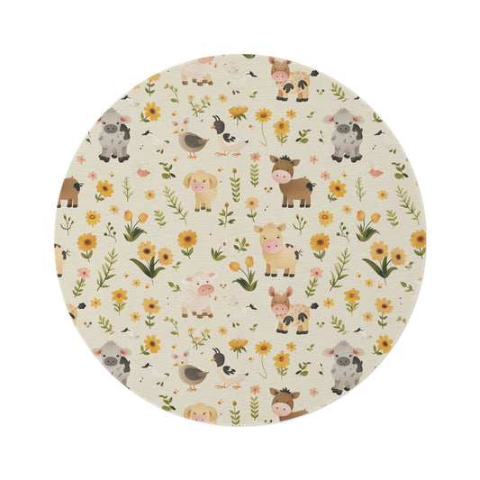Farmyard Friends round nursery rug on a baby room floor