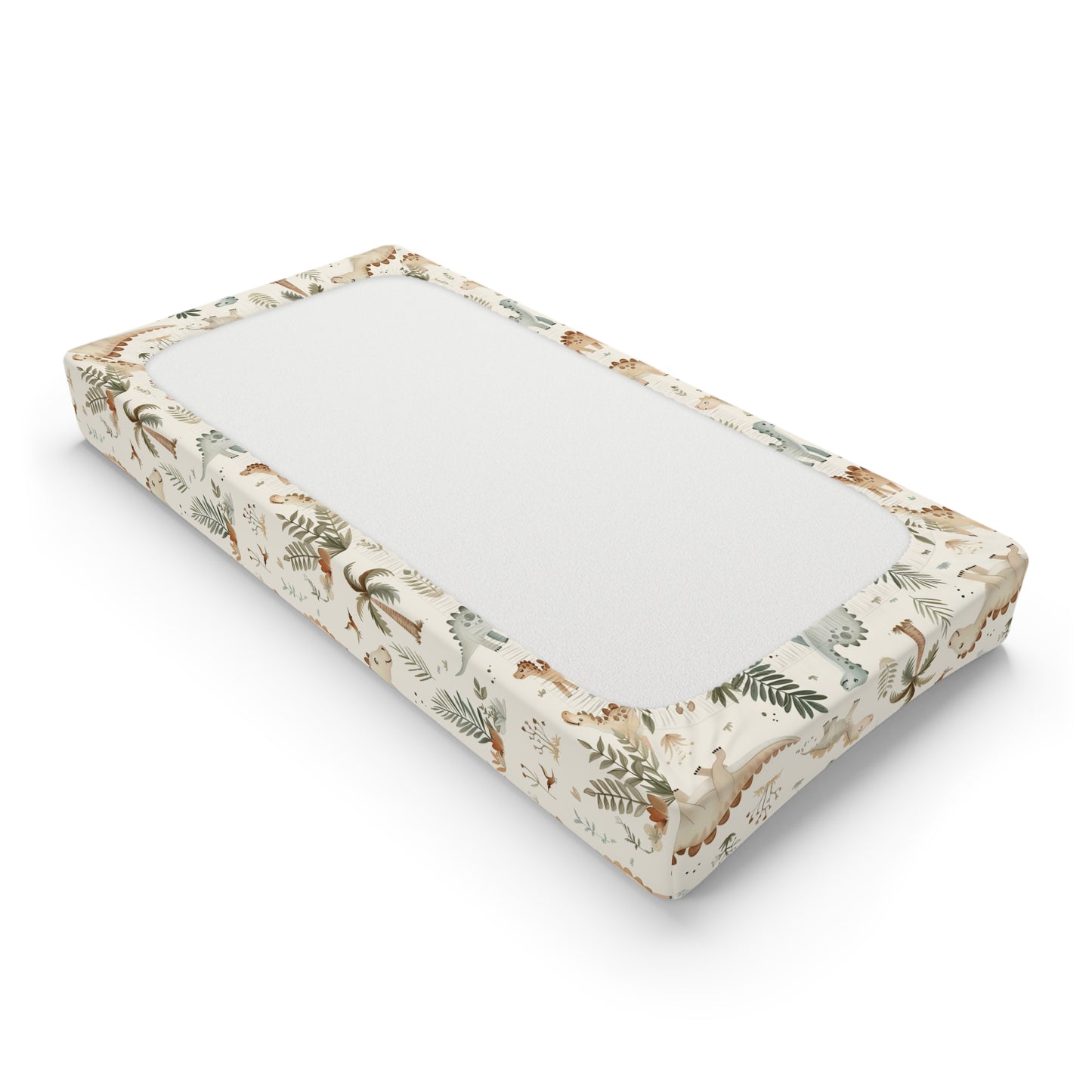 Changing pad cover with watercolour dinosaurs among palms
