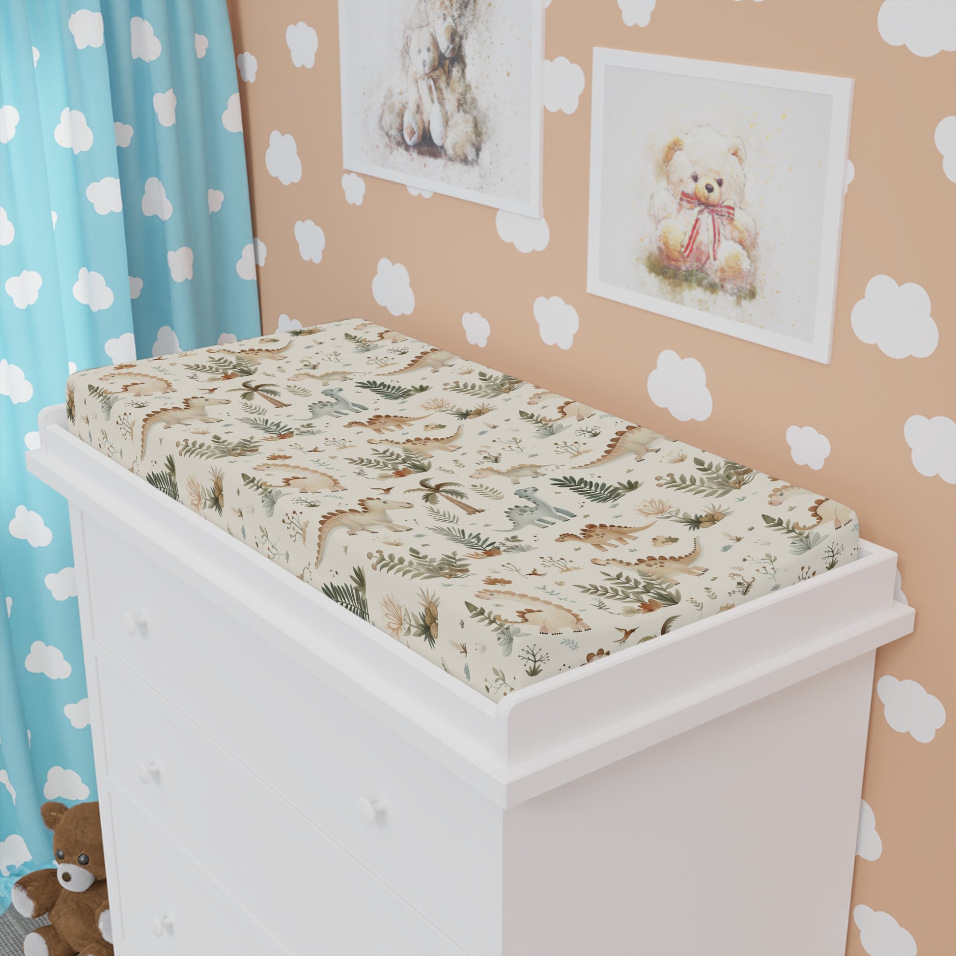 Fern Grove Dinosaurs changing pad cover fitted over a contoured pad