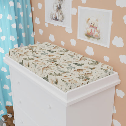 Fern Grove Dinosaurs changing pad cover fitted over a contoured pad