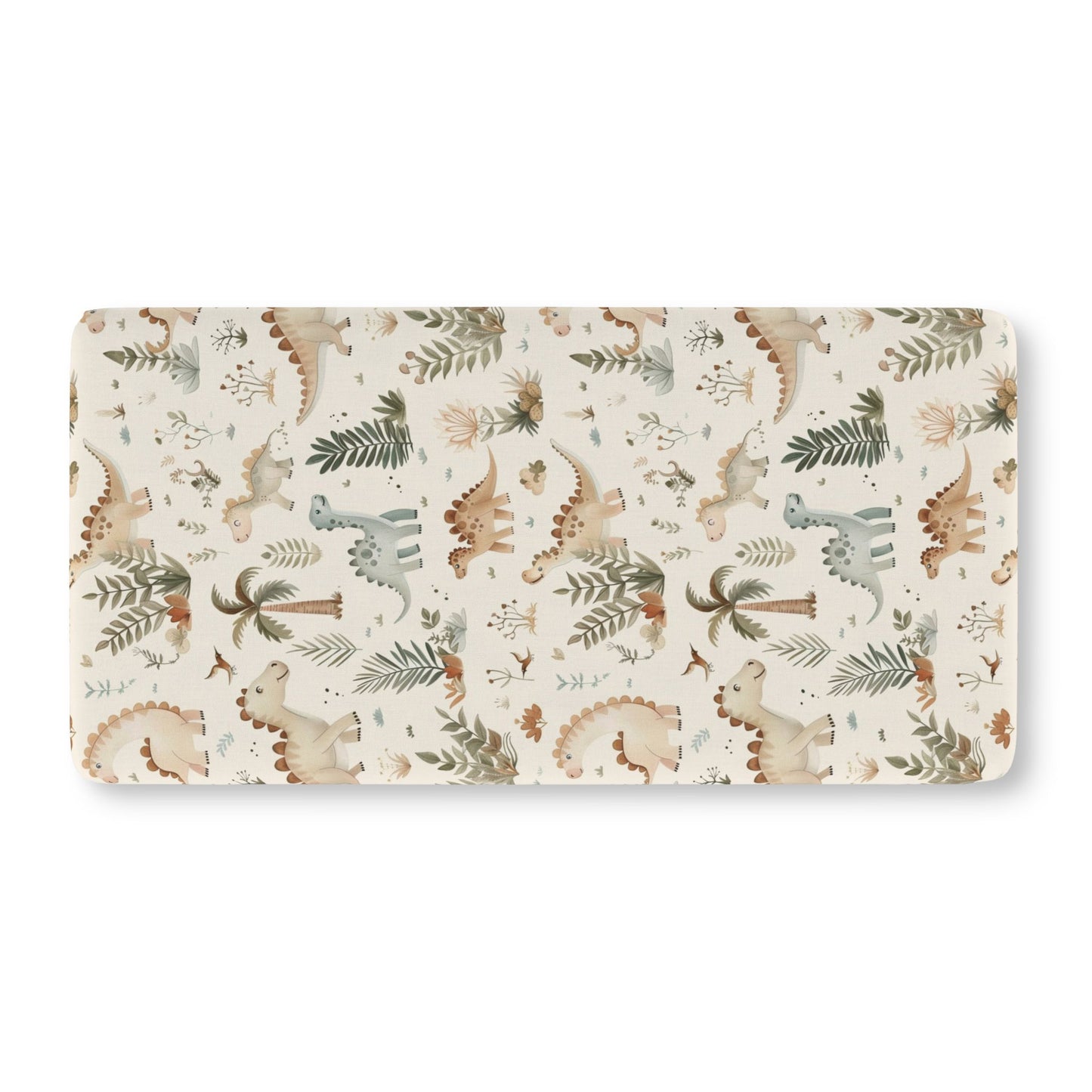 Fitted crib sheet with sage dinosaurs and ferns on cream