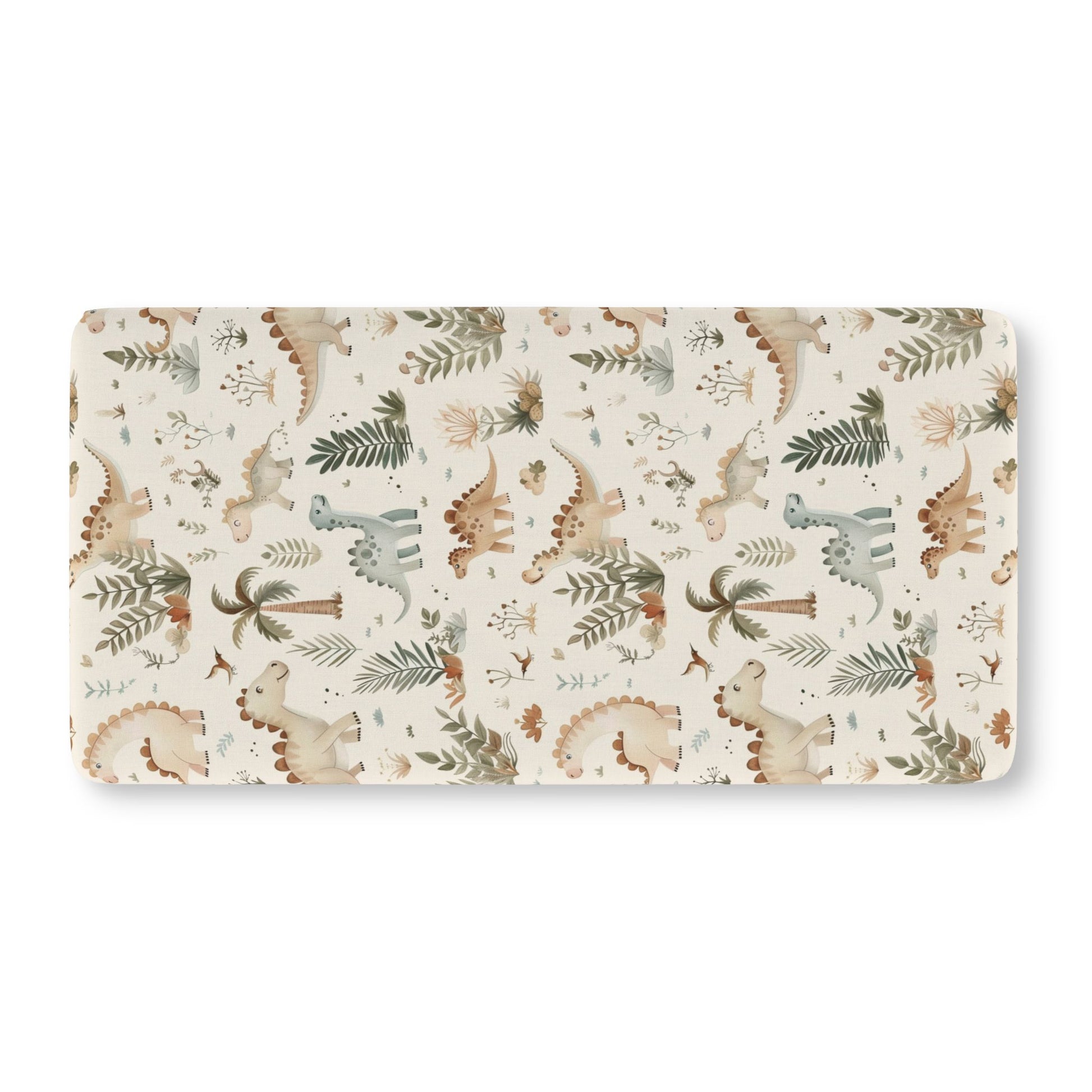Fitted crib sheet with sage dinosaurs and ferns on cream