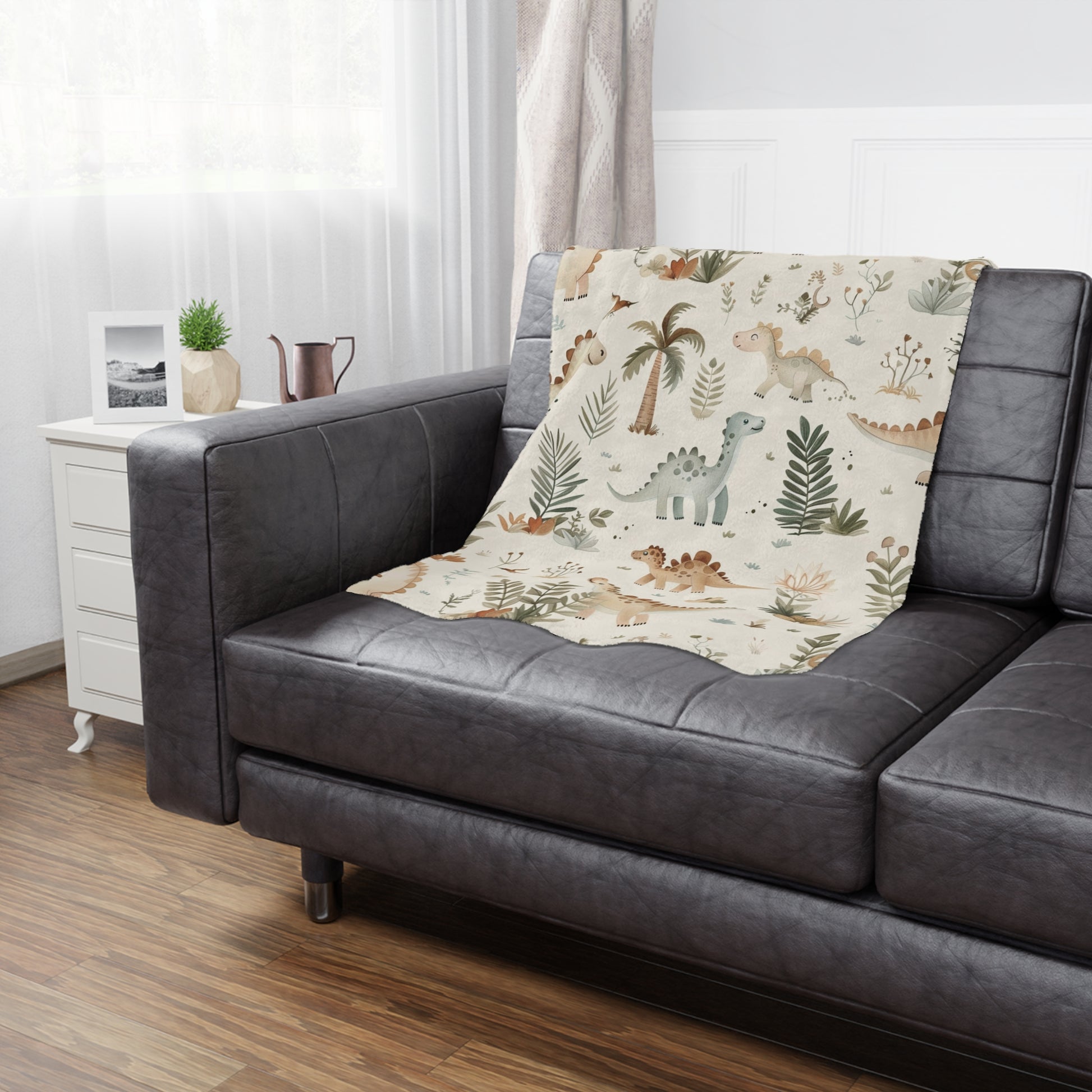 Fern Grove Dinosaurs minky blanket showing the soft raised reverse