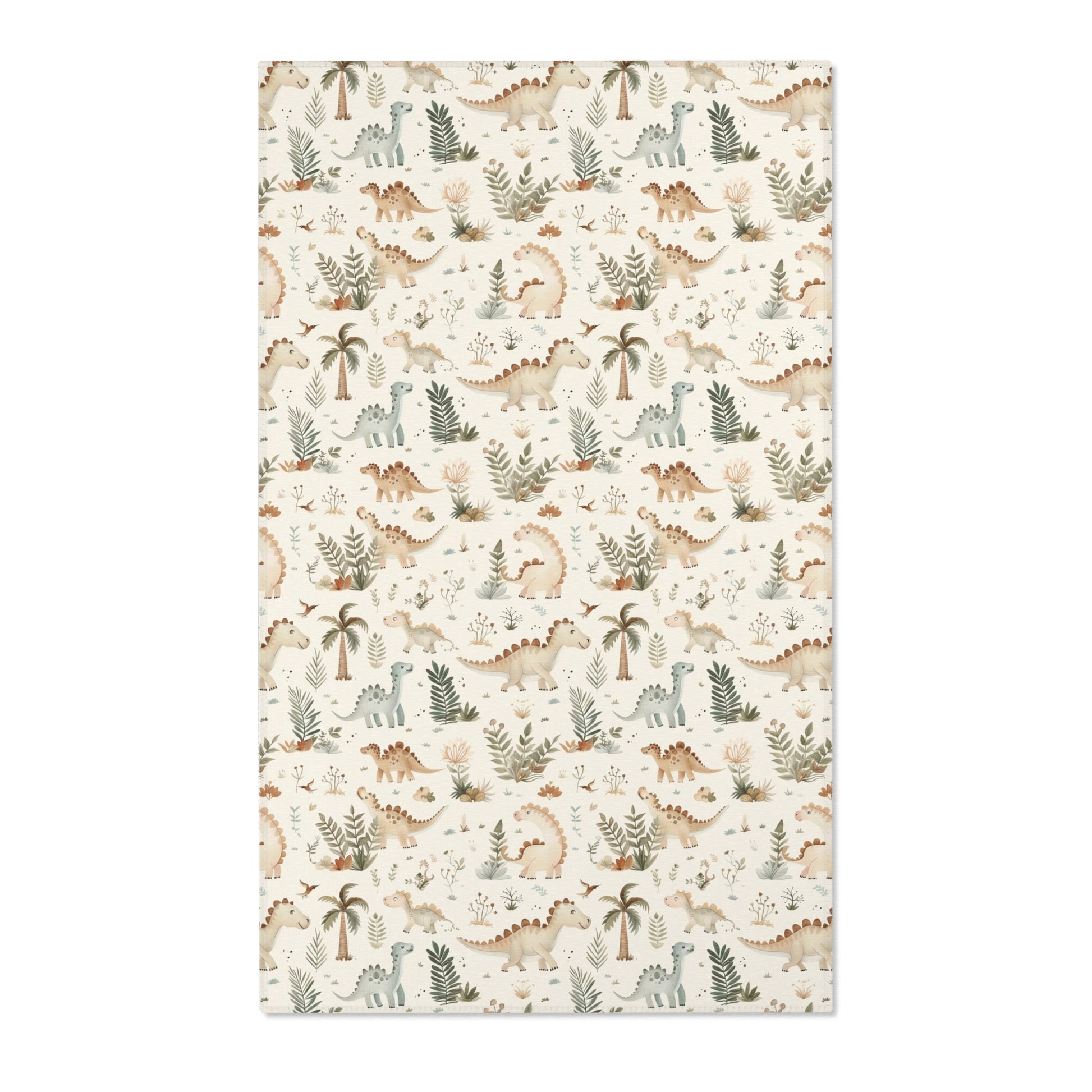 Dinosaur nursery area rug in sage and tan on cream