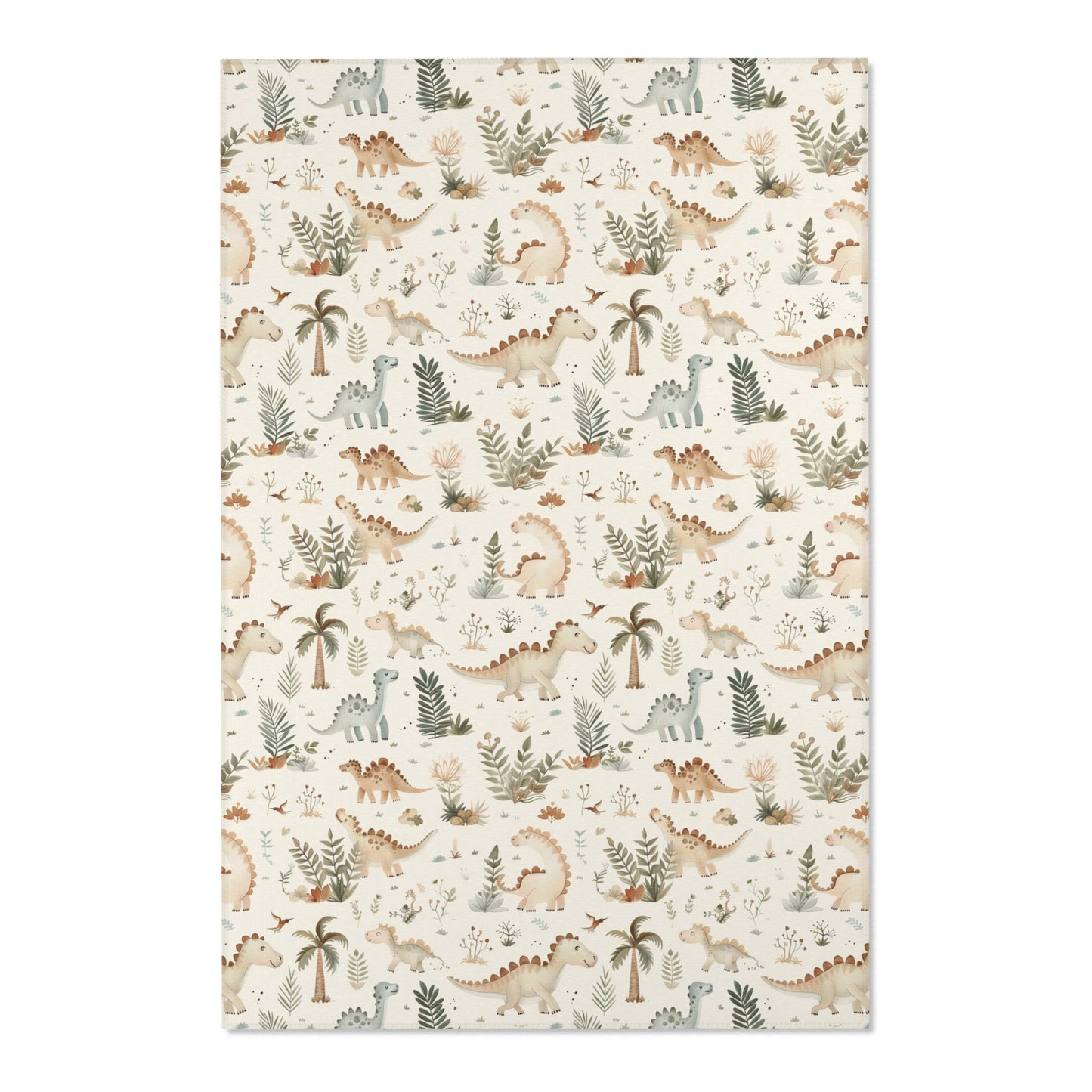 Close detail of the dinosaurs and palms on the nursery area rug