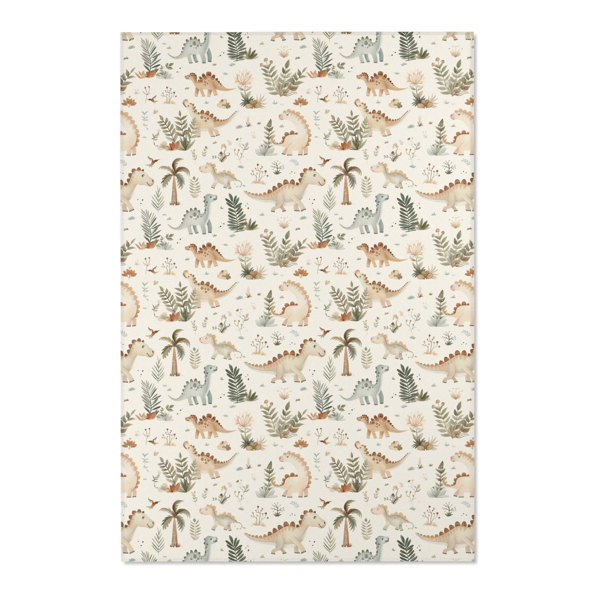 Close detail of the dinosaurs and palms on the nursery area rug
