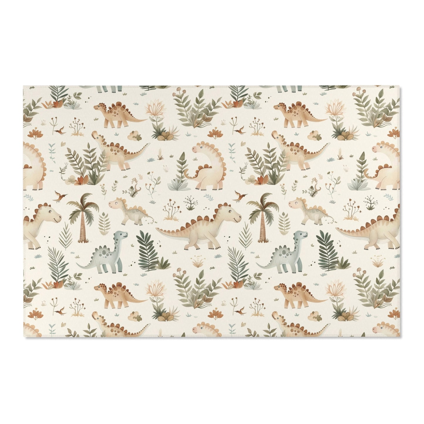 Low pile nursery rug with dinosaurs, palms and ferns