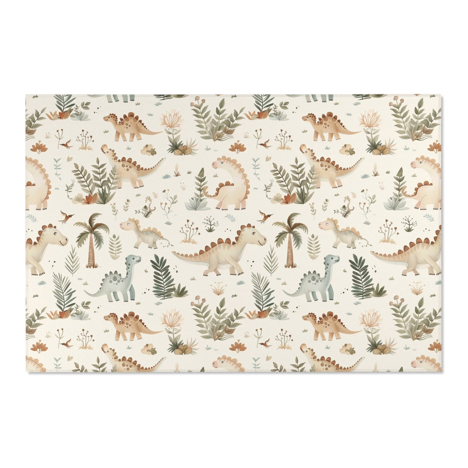 Low pile nursery rug with dinosaurs, palms and ferns