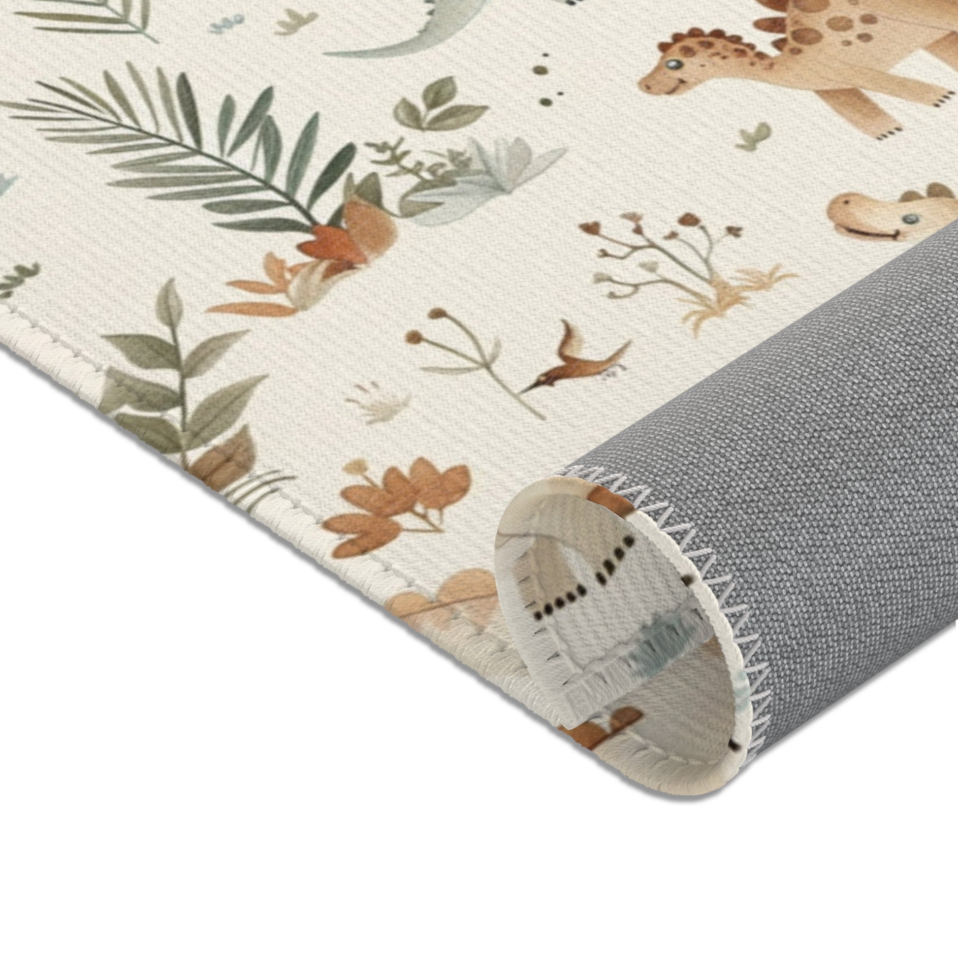 Corner detail of the Fern Grove Dinosaurs nursery area rug