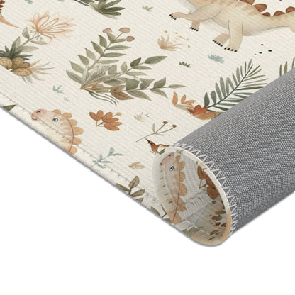 Dinosaurs and low flowering plants printed across the area rug