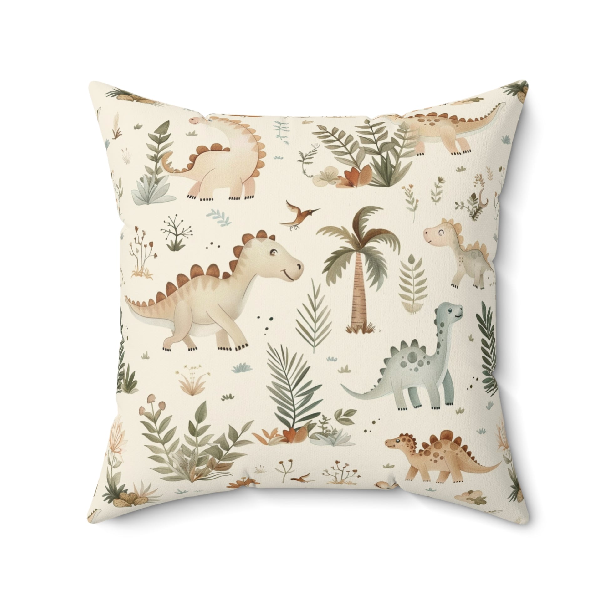 Faux suede pillow with smiling dinosaurs among green foliage