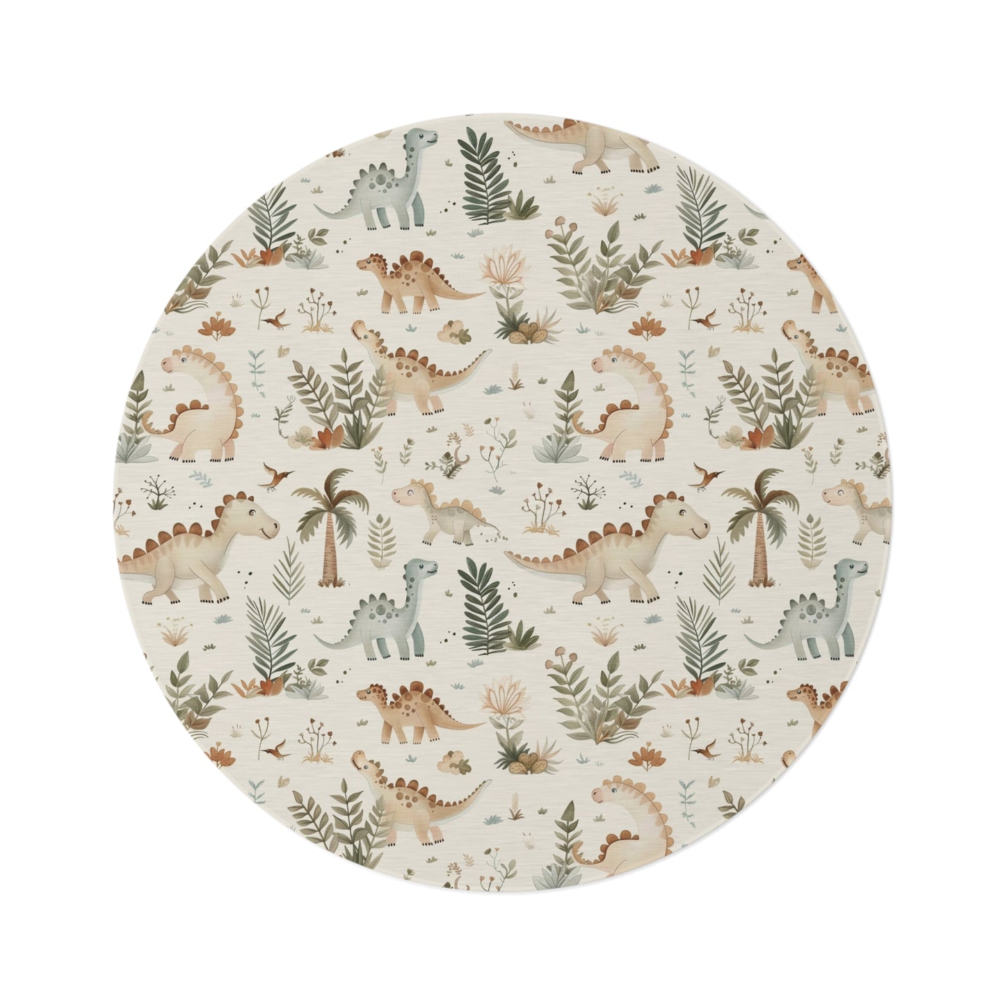 Fern Grove Dinosaurs round nursery rug on a baby room floor