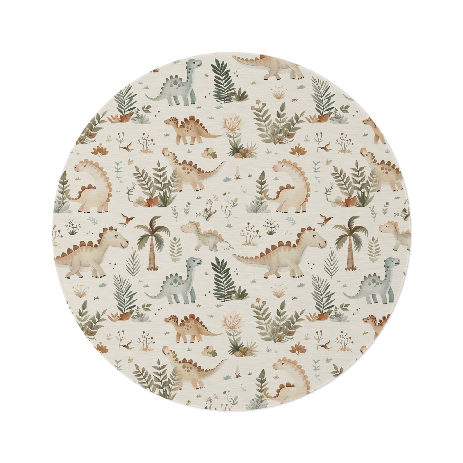 Fern Grove Dinosaurs round nursery rug on a baby room floor