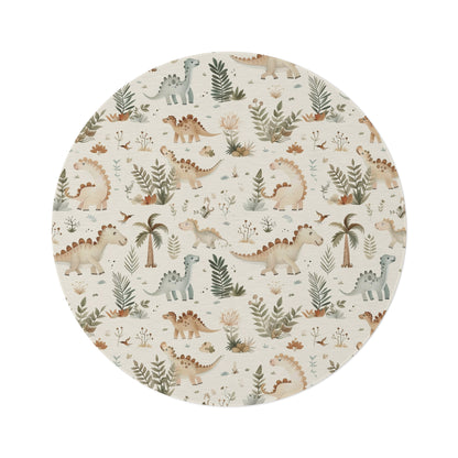 Fern Grove Dinosaurs round nursery rug on a baby room floor