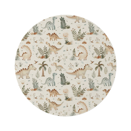 Fern Grove Dinosaurs round nursery rug on a baby room floor