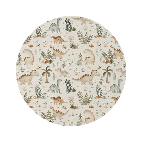 Fern Grove Dinosaurs round nursery rug on a baby room floor