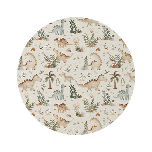 Fern Grove Dinosaurs round nursery rug on a baby room floor