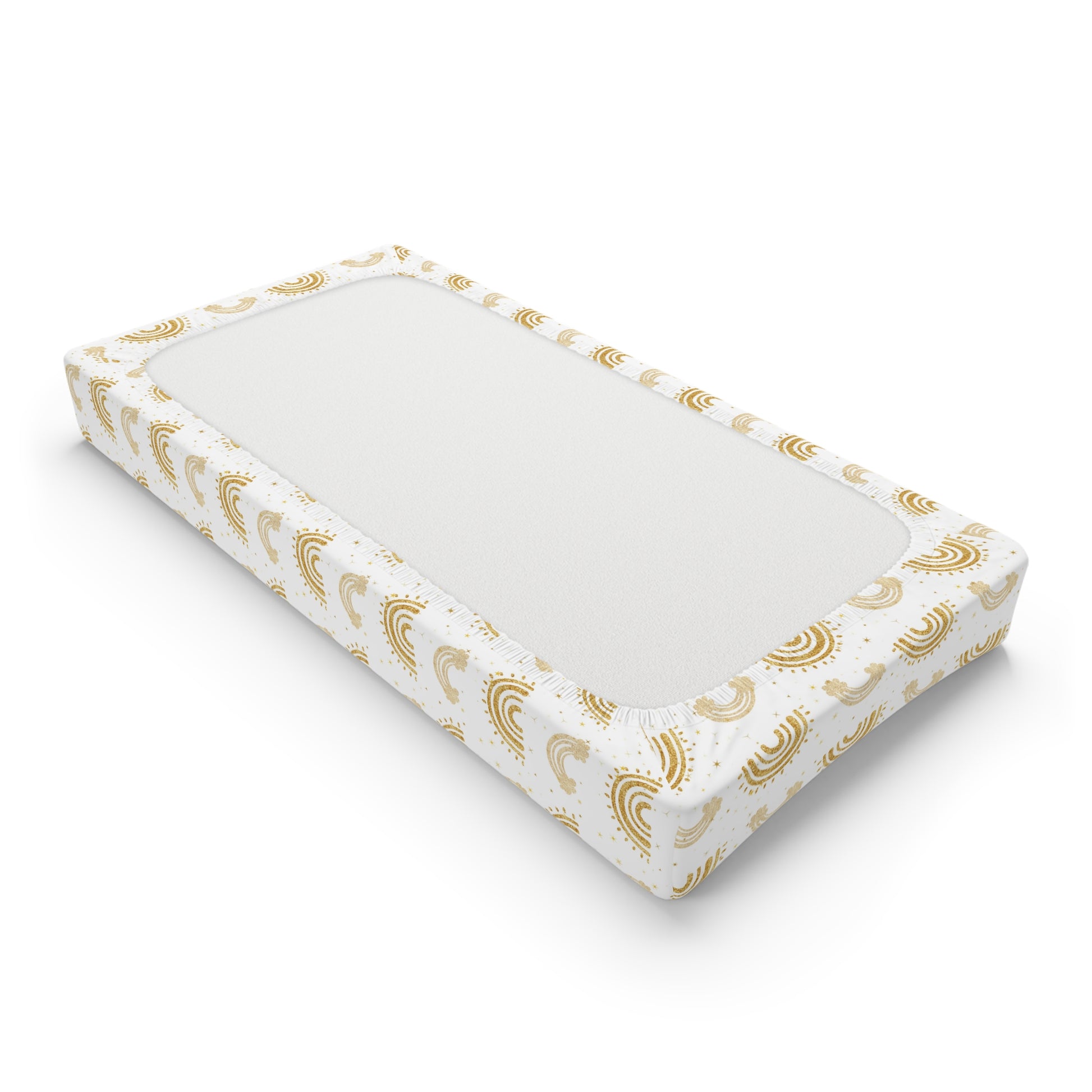 Changing pad cover with gold rainbows, clouds and small stars