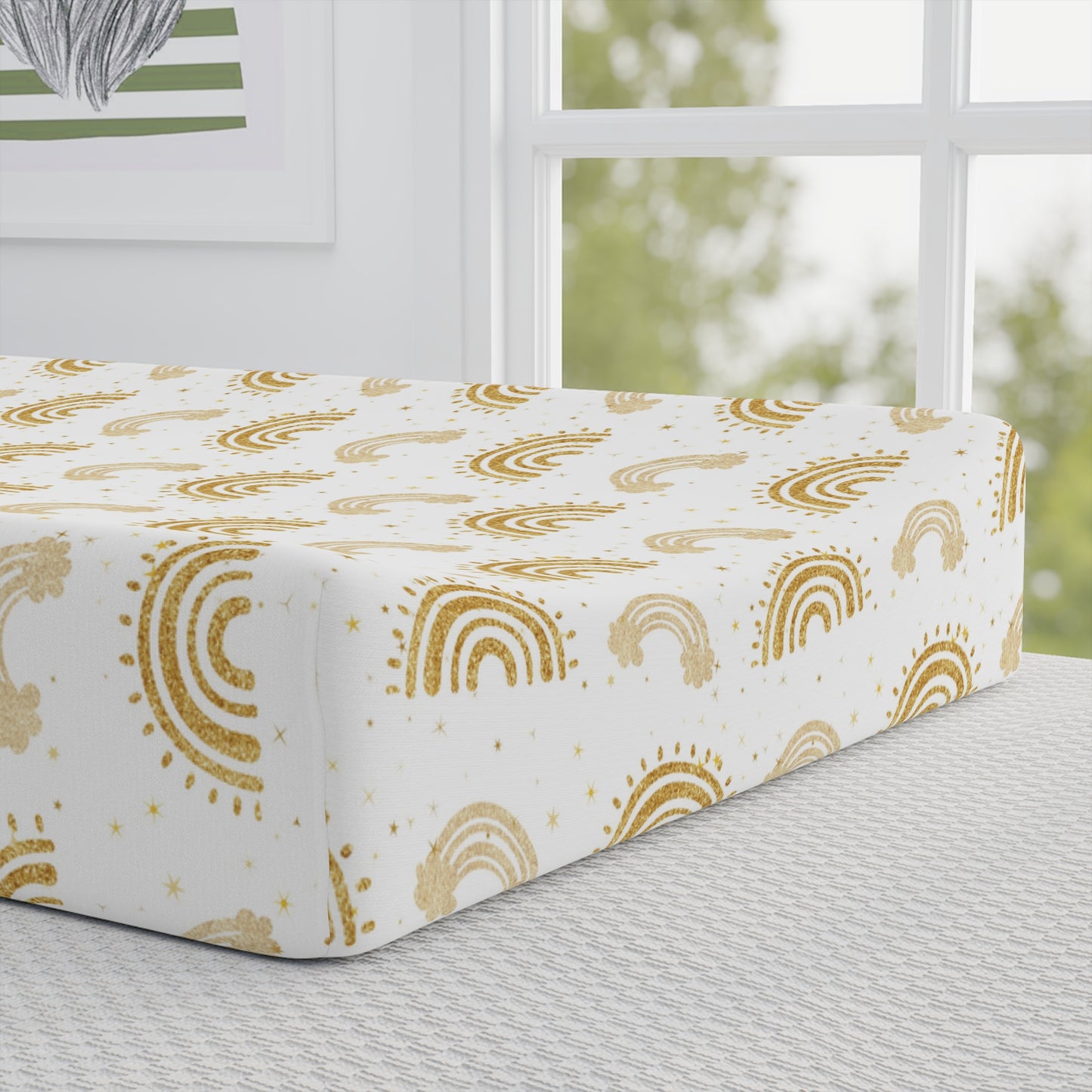 Close detail of the Golden Arches print on the changing pad cover
