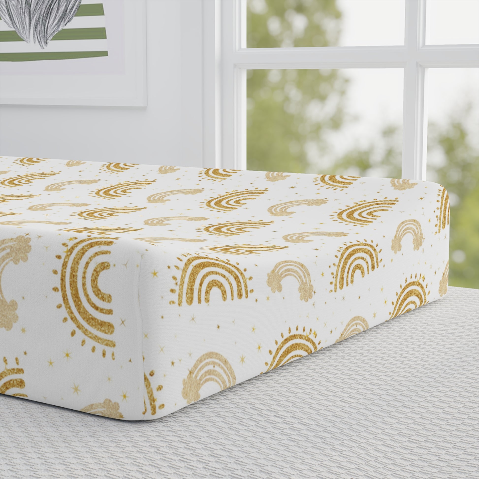 Close detail of the Golden Arches print on the changing pad cover