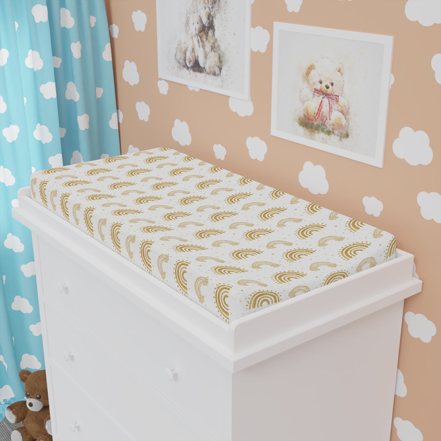 Golden Arches changing pad cover fitted over a contoured pad