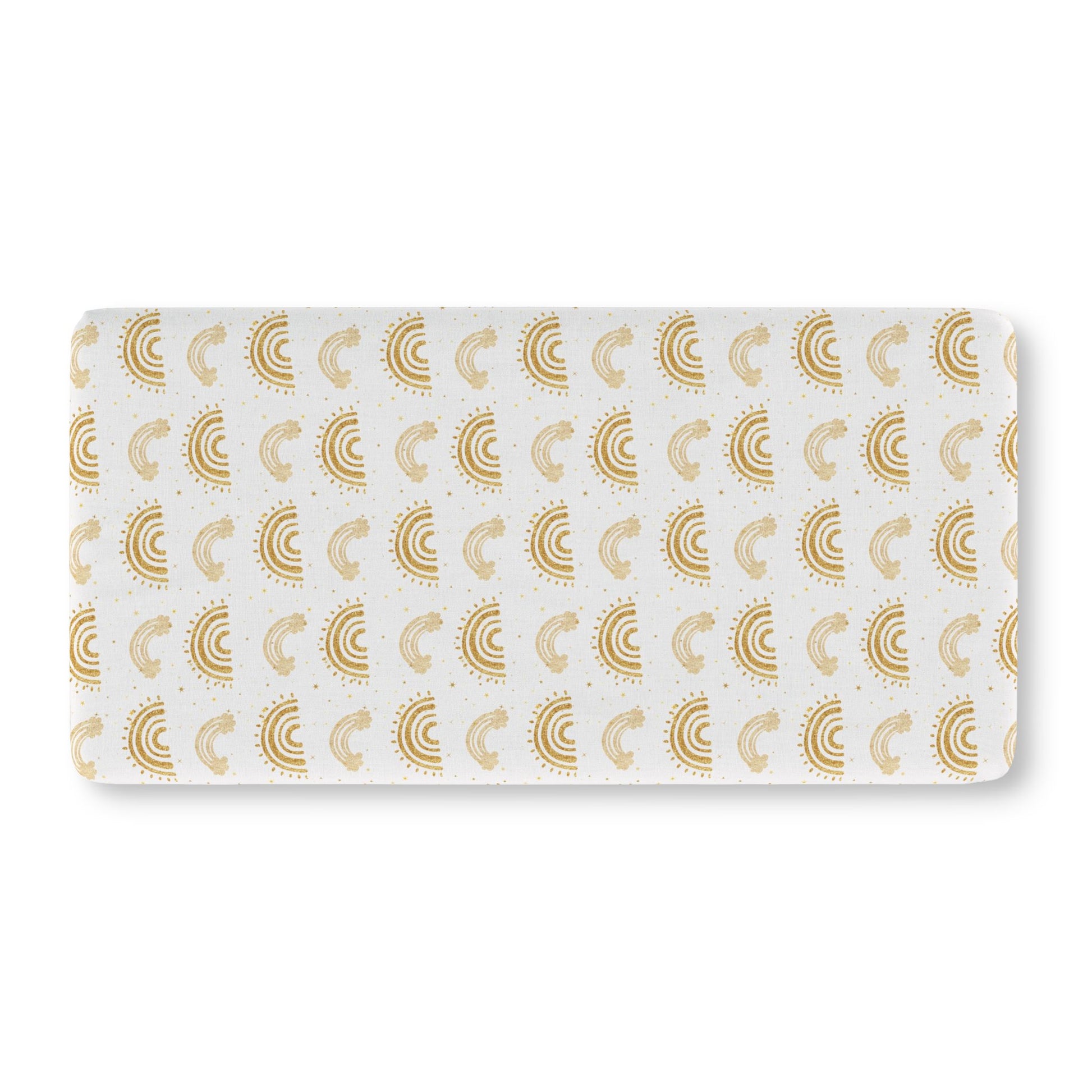 Fitted crib sheet with gold rainbow arches and stars on white