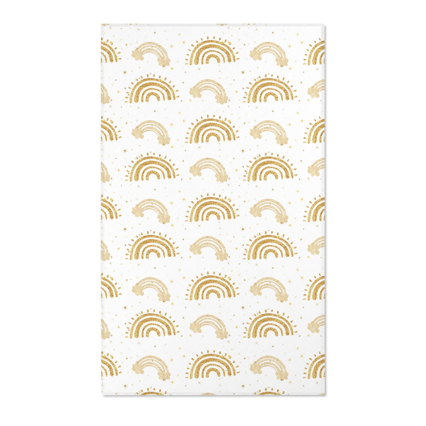 Gold rainbow nursery area rug on a white ground