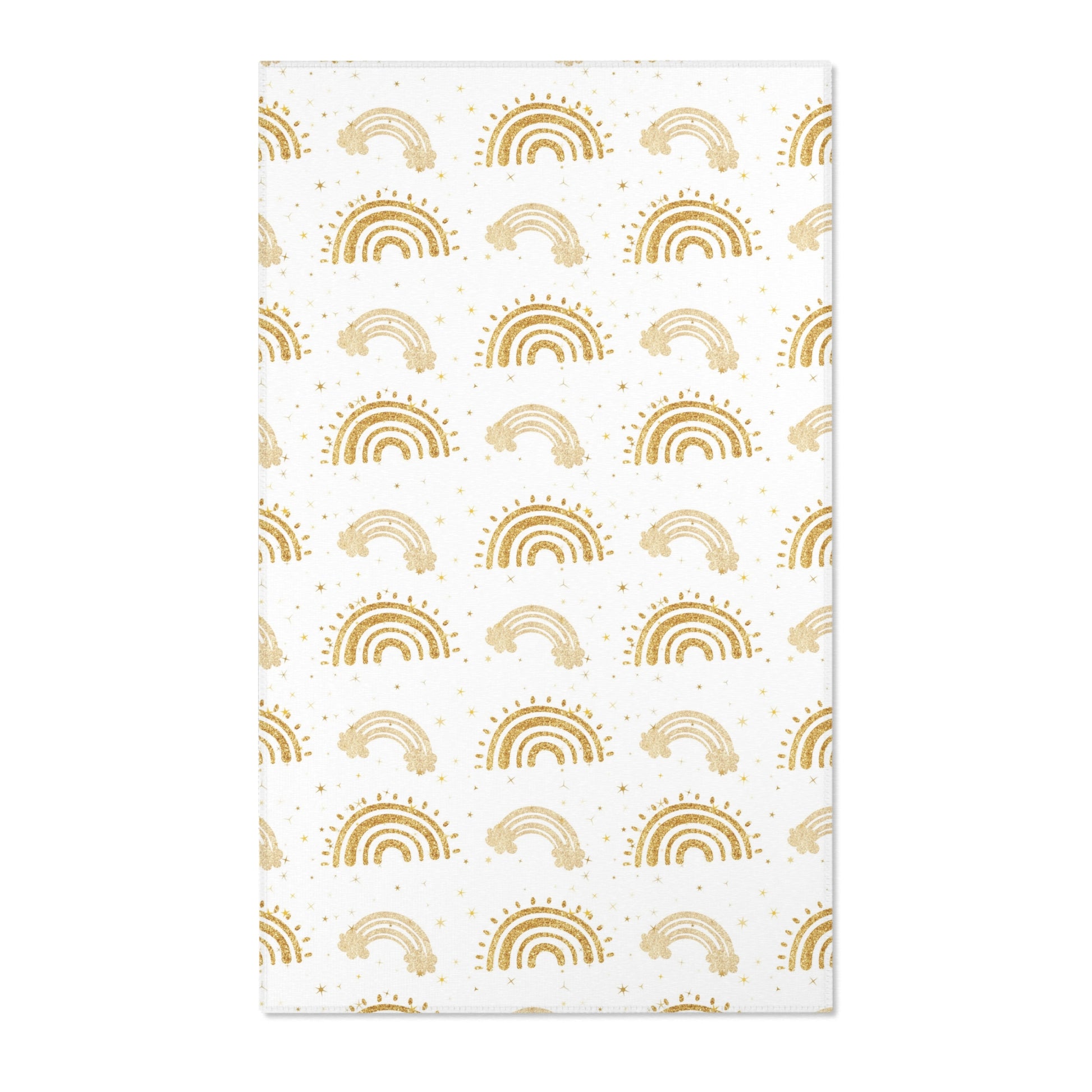 Gold rainbow nursery area rug on a white ground