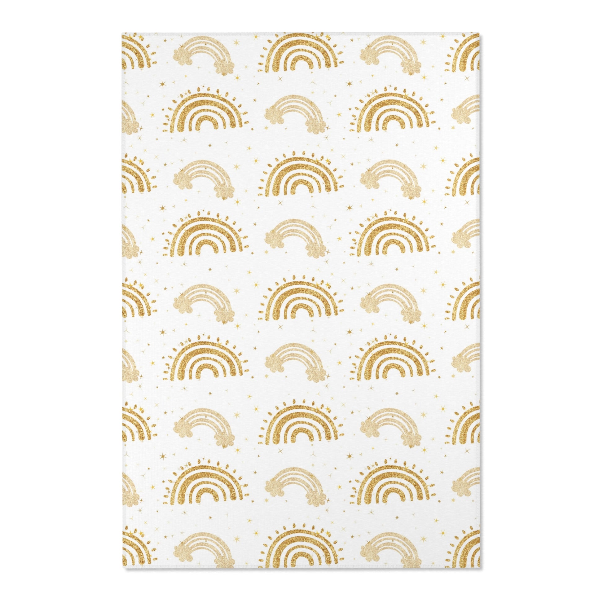 Close detail of the gold arches on the nursery area rug