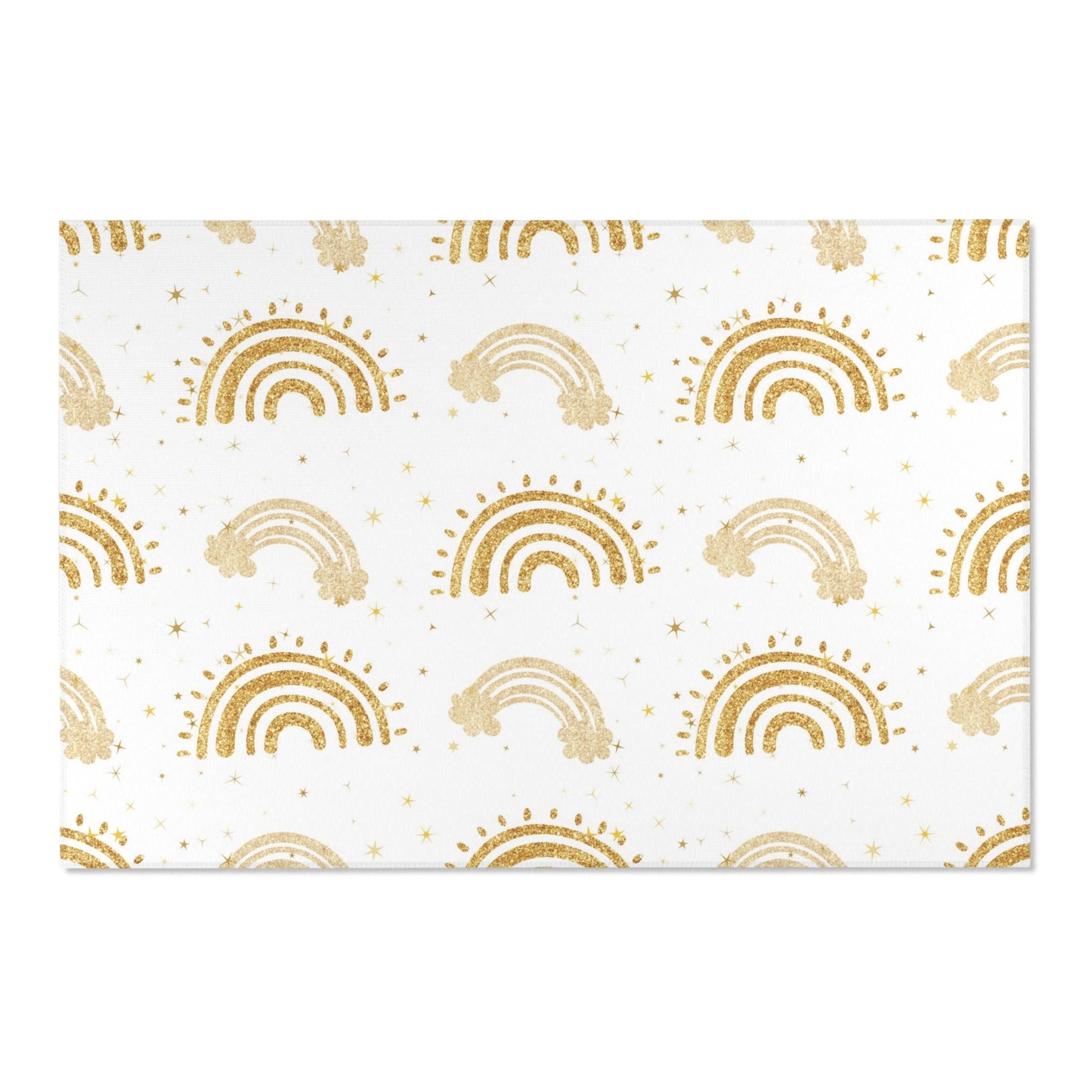 Low pile nursery rug with gold rainbow arches and stars